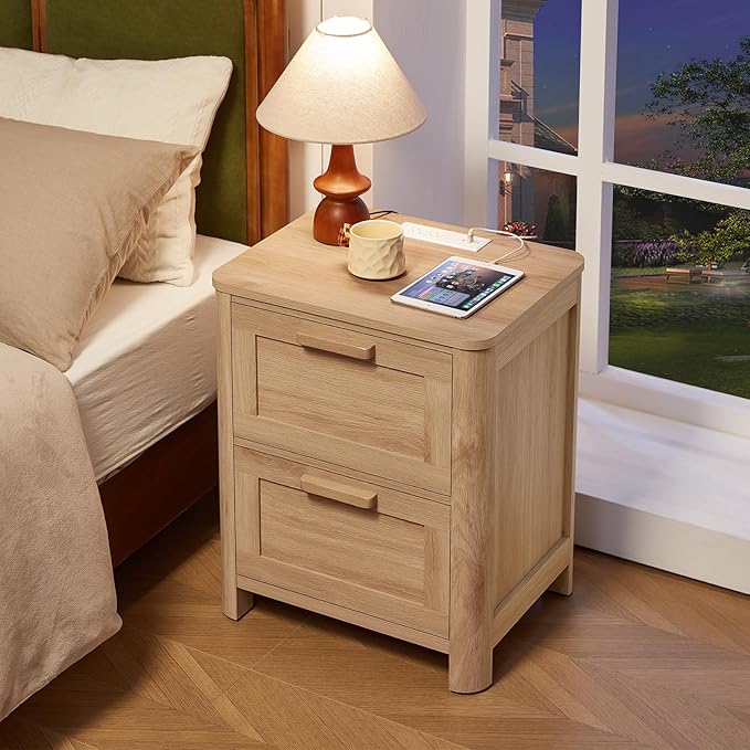 Joaxswe Farmhouse Nightstand Set of 2 with Charging Station, End Tables Bedroom with 2 Large Drawers & 4 Thickened Table Legs, Natural Wood