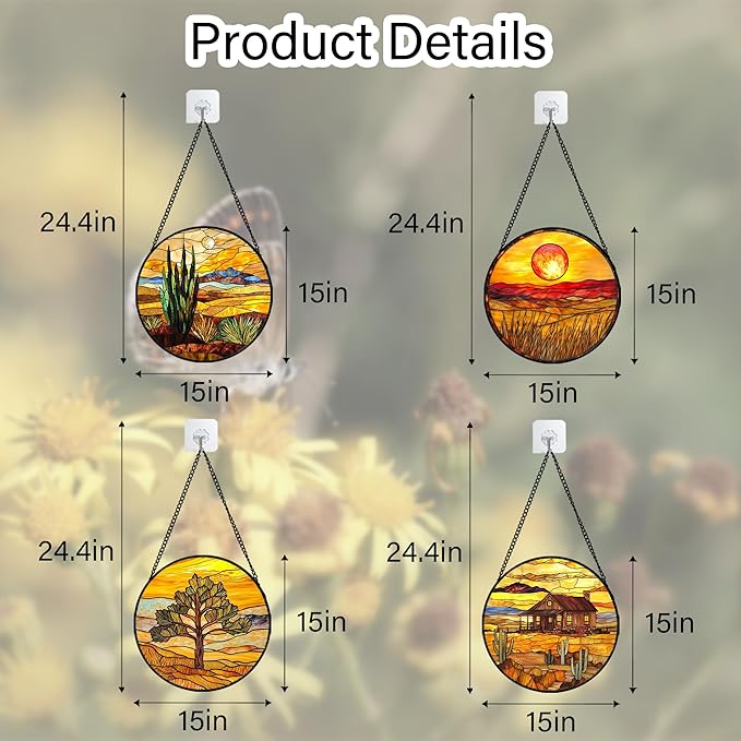 DASTOLL Stained Glass Window Hanging 4 Pcs Set Desert Sunset Theme Landscape Large 15" - Suncatcher Door Garden Sun Catcher Decor Birthday Christmas for Mom Woman Nana Men