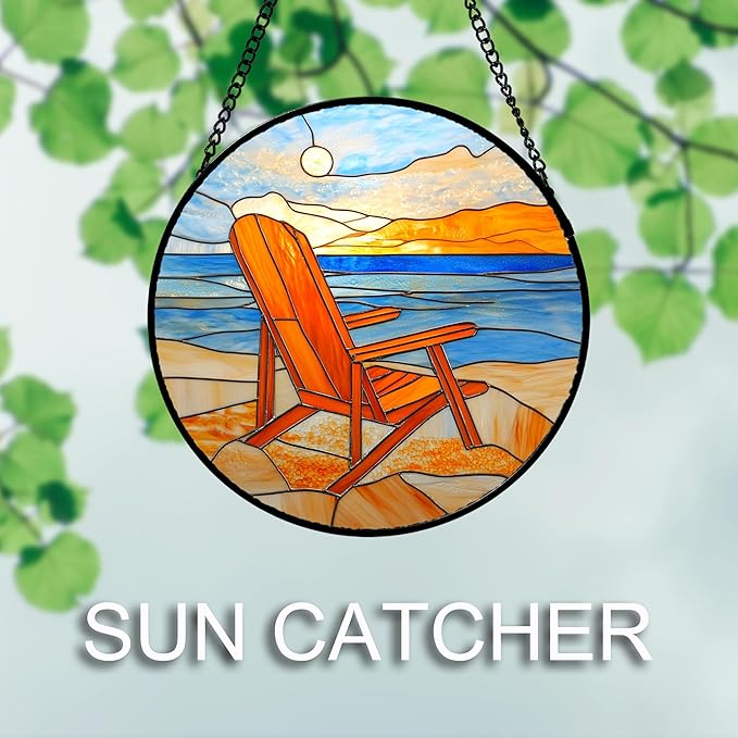 DASTOLL Stained Glass Window Hanging 4 Pcs Set Blue Orange Ocean Beach Theme 9.8" - Suncatcher Door Garden Sun Catcher Decor Birthday Christmas for Mom Woman Nana Men Wife