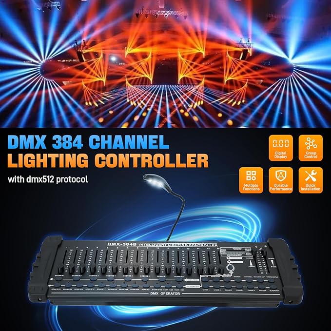 DMX 384 Channel Lighting Controller with DMX512 Protocol Compatible with Moving Head Light, DMX Operator Console with MIDI Control for DJs, Stage, Party, Club, Theater Lighting
