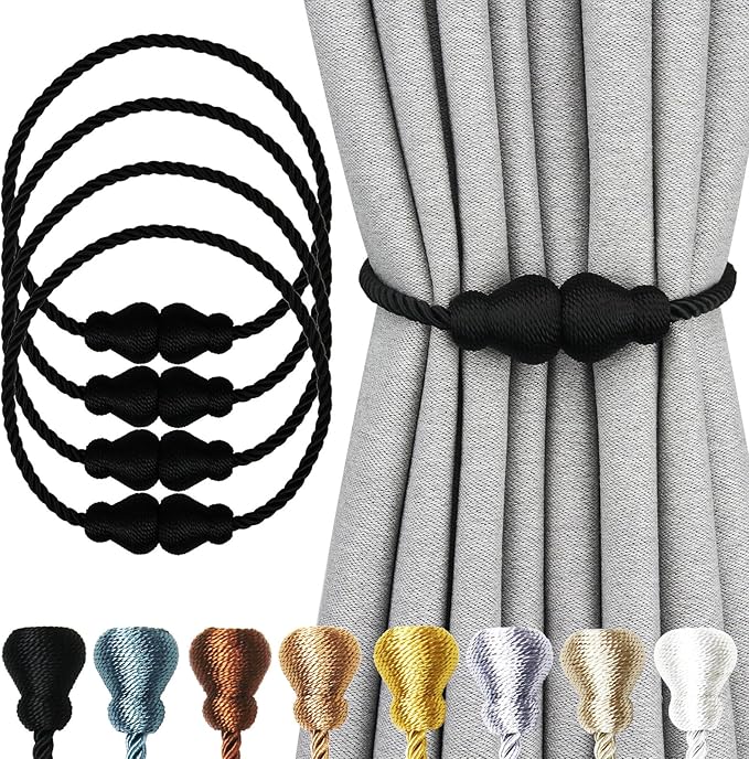 Nieffeiy Magnetic Curtain Tiebacks Outdoor Curtain Tie Backs Rope Decorative Magnetic Curtain Holders for Drapes Window Treatment Holdbacks, Glossy Black 4Pack