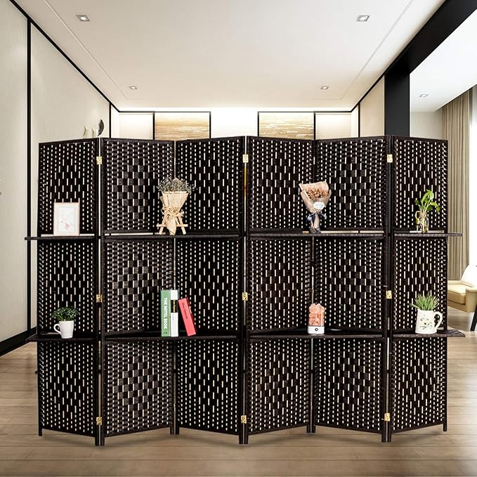 Bonnlo Upgraded Heavy Duty 6FT Tall Rattan Room Divider Screens with Partition Wall 2 Display Shelves, Indoor Folding Screen Dual-Sided Hinges for Home Office (6 Panels)