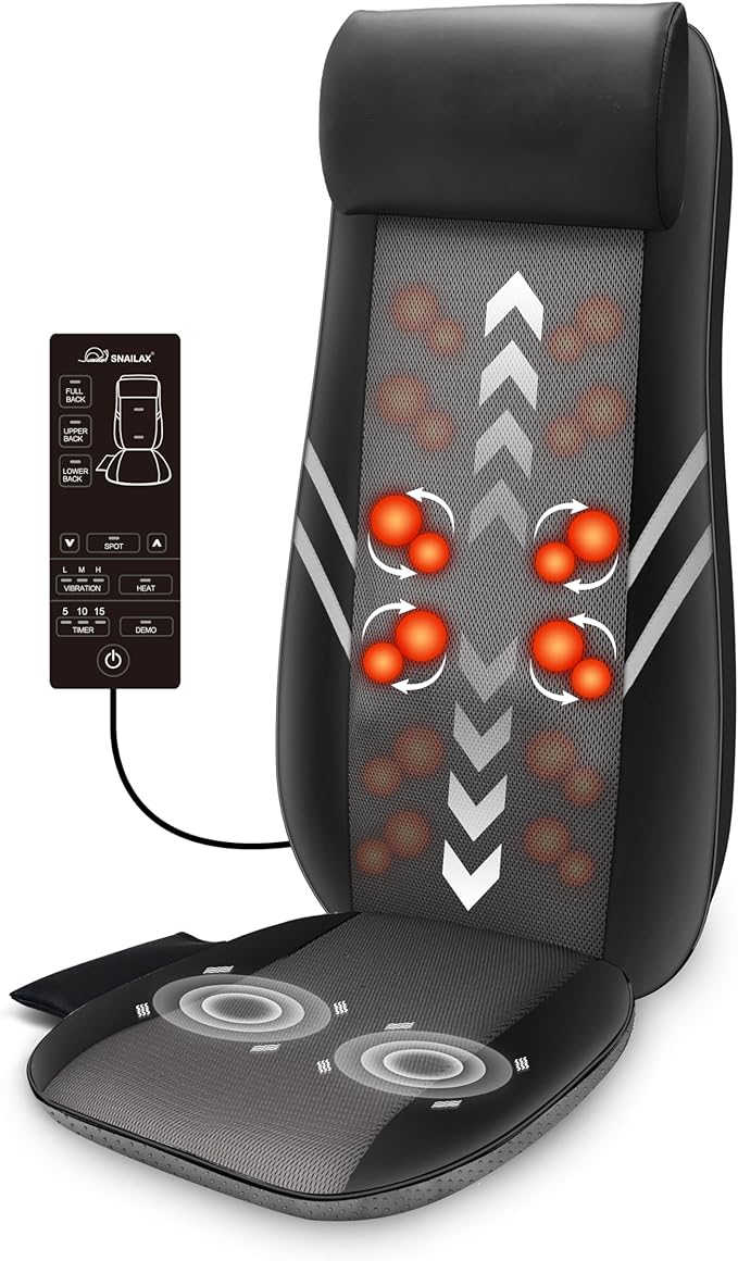 Snailax Back Massager with Heat,Shiatsu Massage Seat Cushion,8 Flexible Nodes for Full Back Massage Chair Pad,Chair Massager for Office,Gifts
