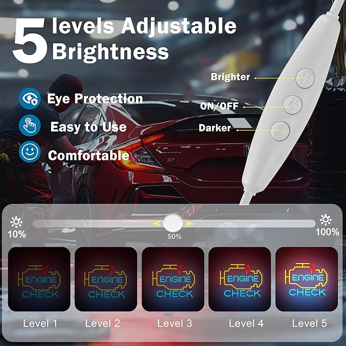 Check Engine Neon Sign for Garage Wall Decor Check Engine Neon Signs Car Auto Repair Workshop Sign with Dimmable USB Powered Signs Décor (17X13in)