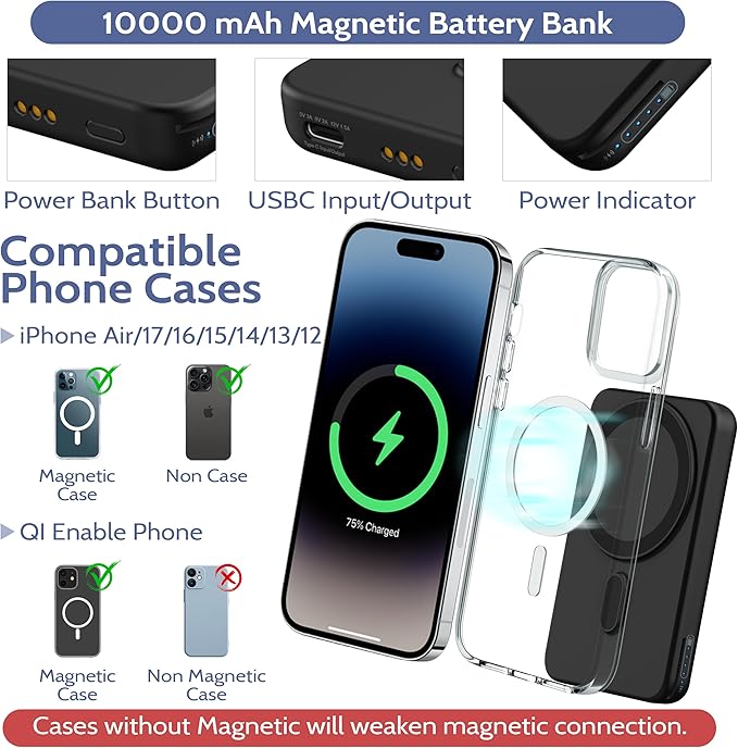 Smtcsl 3-in-1 Wireless Charging Station: Portable 10000mAh Power Bank Charger Compatible for Phone Air/17/16/15/14/13/12 Series and Watch - Detachable Magnetic Charging Stand Black
