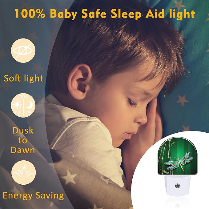 sndheke Green Jewel Dragonfly Night Light for Kids,Luxuxy Gold Dragonfly Night Light Plug in with Dusk to Dawn Sensor,0.5w Energy Saving Sleep Friendly Nightlight for Hallway Stairway Kitchen Bedroom