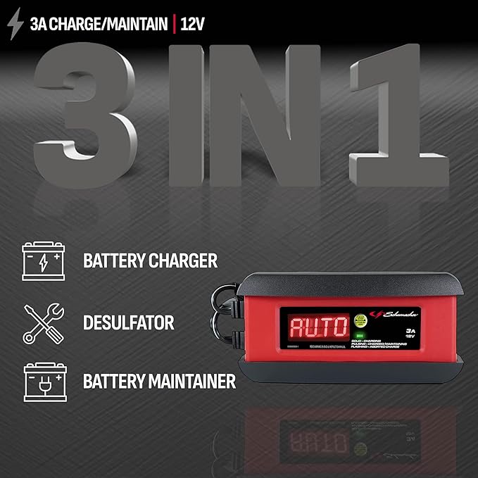 Schumacher Electric 3A Car Battery Charger and Maintainer, 3-in-1 Solution, for 12V Power Sport, Automotive, and Marine Batteries, SP1297