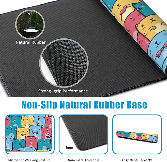 EOBKLAX Kawaii Colorful Cats Desk Mat,Large Gaming Mouse Pad,Non-Slip Rubber Base Desk Pad with Stitched Edges for Desk Office Home Decor 35.4X15.7 Inch