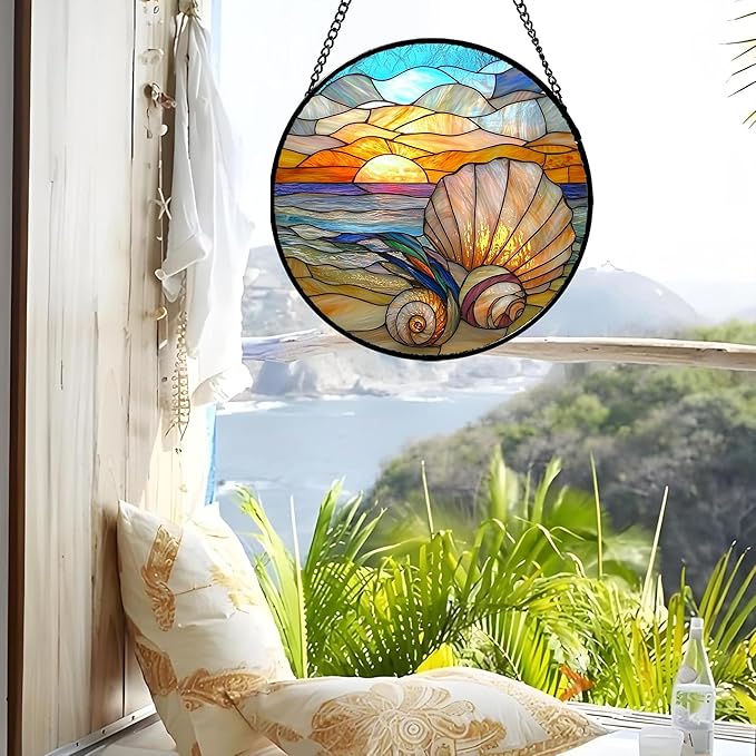 AMDERVEN Stained Glass Window Hanging - Colorful Beach Shells Conch Sun Catcher for Door Home Decor Ocean Suncatcher Christmas Mother's Day Birthday Sea Lover Gifts for Women Men Mom Nana 7.8 in