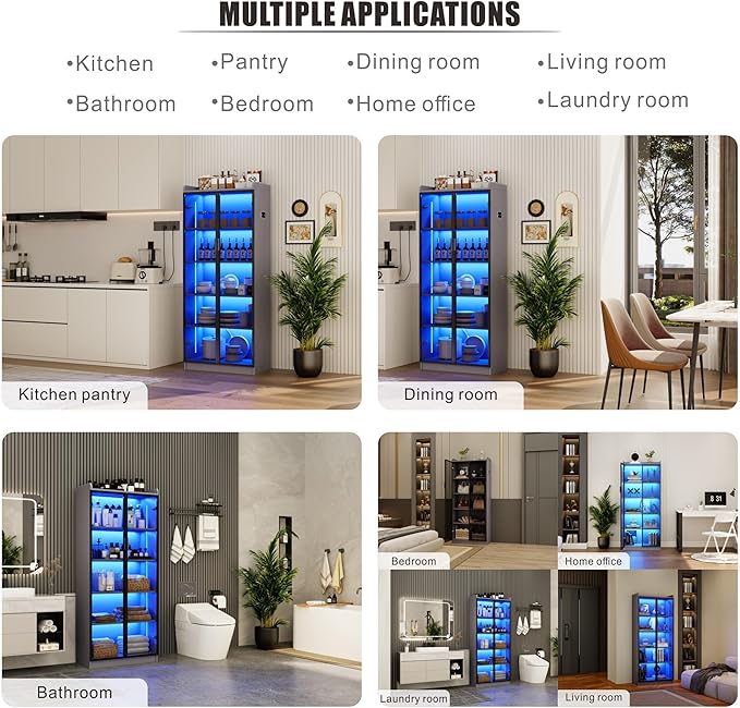 Dystler 65" Tall Display Cabinet with Doors, Lighted Bookcase with Lights/Human Sensor, 5 Tier Display Case with Adjustable Shelves for Collectibles Bedroom Living Room Office, Grey-Smoked Black Door