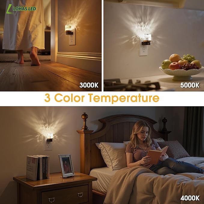 L LOHAS Night Lights Plug into Wall, 2 Pack 3000K/4000k/5000KColor Changing Night Light, 3CCT Color Temperature Night Light, Dusk to Dawn Sensor for Hallway, Bathroom