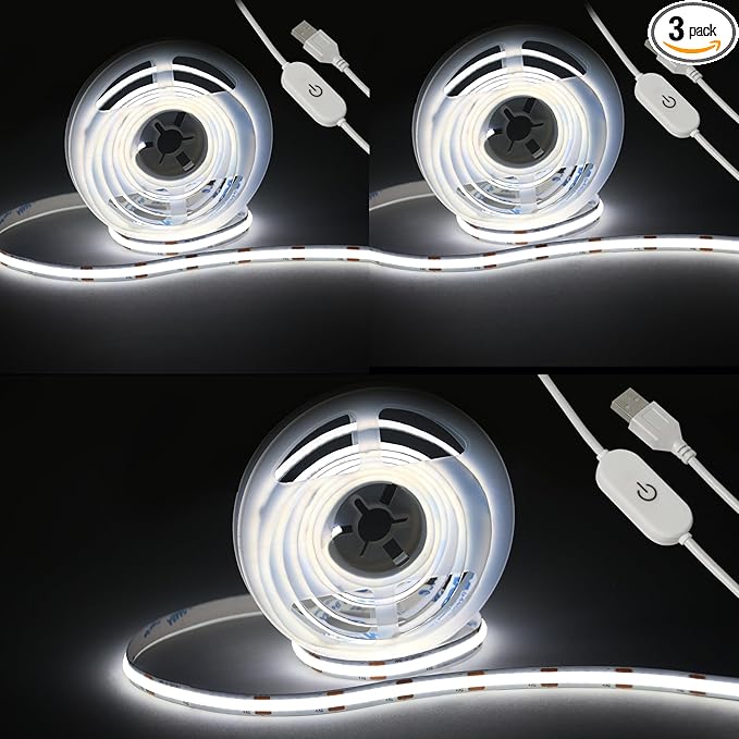UVTaoYuan Led Strip Lights 5V USB 6.56ft/2m 640 LEDs Touch stepless Dimmable USB COB LED Strip Light 6500K White 10W Flexible 5v led for Bedroom Kitchen,Room Decor,3D Printing Lighting (3Pack)
