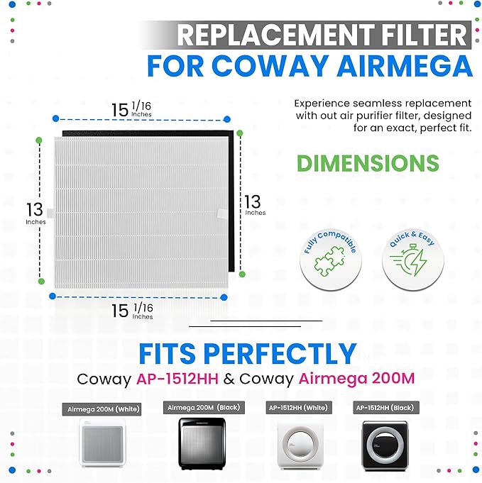 Bagean AP-1512HH Filter Compatible with Coway Airmega AP-1512HH & 200M Air Purifier - Fit Coway Filter Replacement - H13 True HEPA Filters Removes 99.97% particles Freshens the Air (2 HEPA + 4 Carbon)
