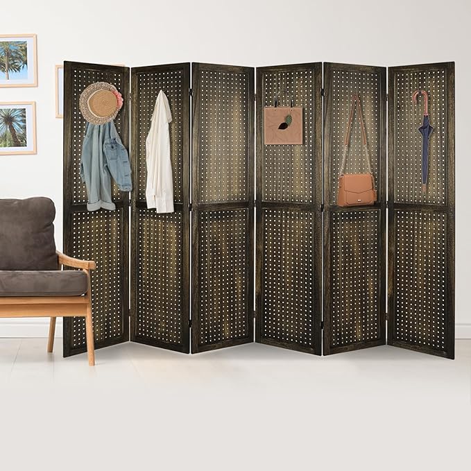 ECOMEX 6 Panel Room Divider, 5.6Ft Pegboard Display Wooden Room Divider Folding Privacy Screen Room Divider Freestanding Peg Board Display for Trade Show Craft Show Home Wall Organizer, Retro Brown