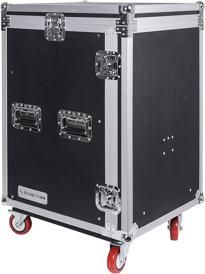 Sound Town Heavy-Duty 1/2" (12mm) Plywood 16U PA DJ Pro Audio Rack/Road ATA Case with 11U Slant Mixer Top, Locking Drawer, Side Table, 20’’ Rackable Depth and Casters (STMR-16TD3)