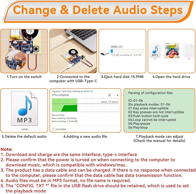 Sound Recorder Module DIY Music Voice Recording Module Chip with Speaker,Type-C Cable,Easy Recording Capability16 Minutes Music for Personalized Greetings, Holiday Crafts Cards with Manual