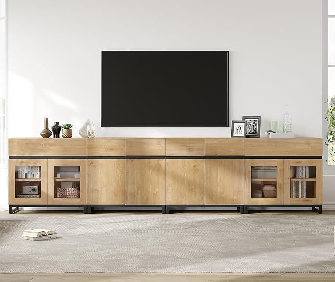 WAMPAT Modern TV Stand for TVs up to 120 inch, 4 in 1 TV Console with Glass Doors and 2 Drawers, Entertainment Center with Adjustable Shelf for Living Room, Bedroom, Oak