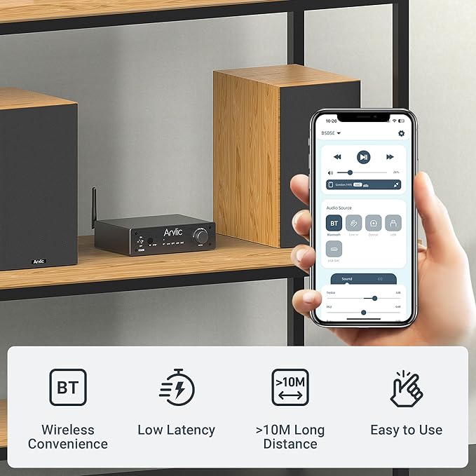 Arylic B50SE Bluetooth 5.1 Stereo Receiver 2.1 Channels Mini Class D Integrated Home Speaker Amplifier 50W x 2,Stable and Remote, Go Control Application and Easy Control EQ
