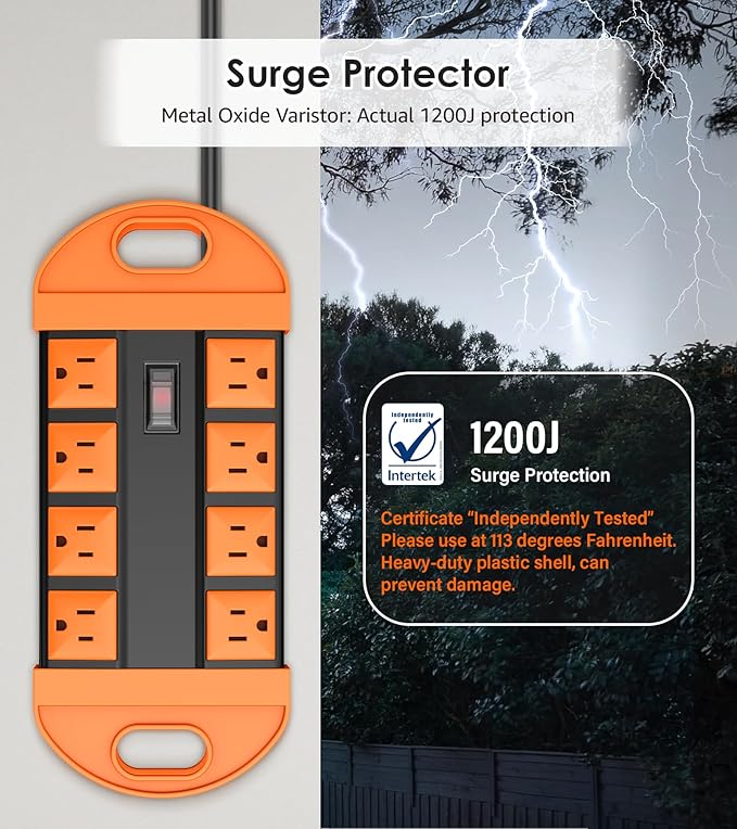CCCEI Outdoor Power Strip Weatherproof with 8 Plug, Waterproof Extension Cord with Multiple Outlets, Christmas Exterior Garden Yard Surge Protector 25FT, Orange.