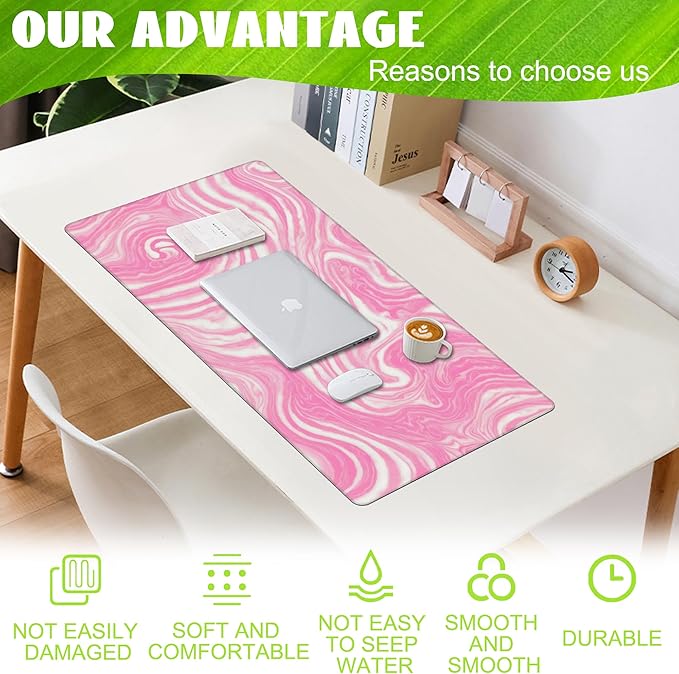Eflxamz Desk Pad,Pink Marble Swirls Texture Desk Mat,Flow Liquid Waves Large Gaming Mouse Pad for Desk,Extended Big Computer Keyboard Mouse Pad with Non-Slip Base and Stitched Edge,35.4"x15.7"