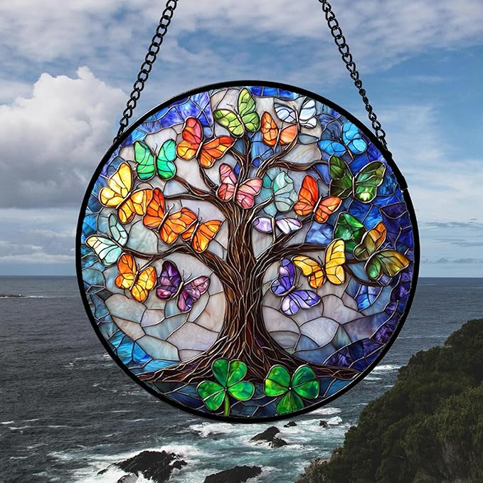 DASTOLL Stained Glass Window Hanging, Butterfly Tree Clover Sun Catchers Glass Panel Blue Suncatcher Decor for Birthday for Women, Men, Wife, Aunt, and Mom 14.9x14.9 in