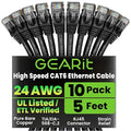 GEARit Cat 6 Ethernet Cable Pack - 10-Pack 5 ft Cat6 Ethernet Patch Cables | RJ45 Network Patch Cable, 10 Gbps Snagless Gold-Plated Connectors - Ethernet Cable Cat 6 for PC, TV, Router - Black