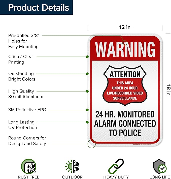 Warning 24 HR. Monitored Alarm Connected To Police Sign, 12x18 Inches, 3M EGP Reflective, Rust Free .063 Aluminum, Fade Resistant, Made in USA by My Sign Center
