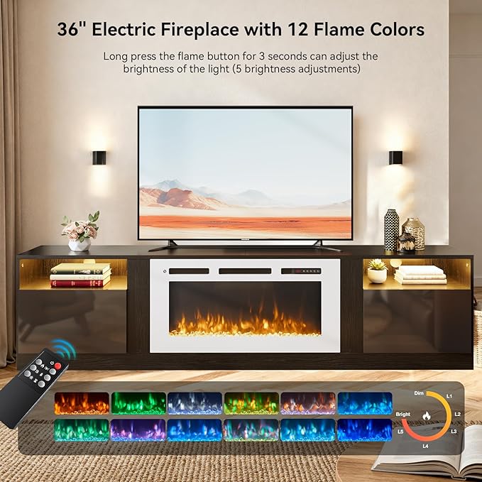 YISUFO 80” TV Stand with 36” Electric Fireplace, Large Modern Media Entertainment Center with Storage Cabinet and 12 Colors LED Lights for TVs Up to 90",Black & White