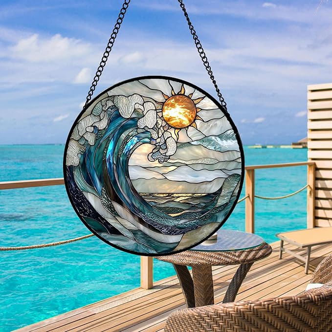 DASTOLL Stained Glass Window Hanging, Blue and White Waves Suncatcher Diamond Glass Panel Landscape Sun Catchers Decor for Birthday for Women, Men, Wife, Aunt, and Mom 7.8 in