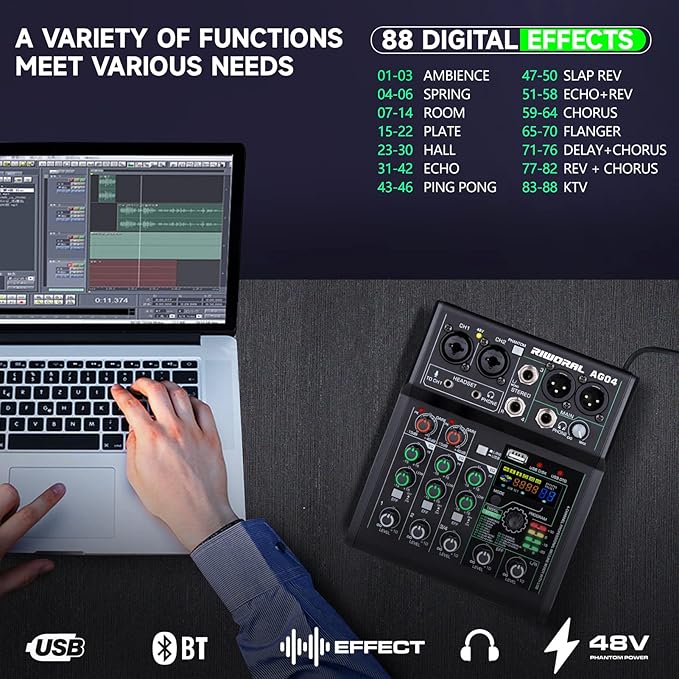 4 Channel Audio Mixer With Effects 88 Dsp Mixer Mixing Board Usb Interface Bluetooth Music Player + 48v Line Phantom Power Audio Mixer To Pc/Phone For Karaoke Record Livestream