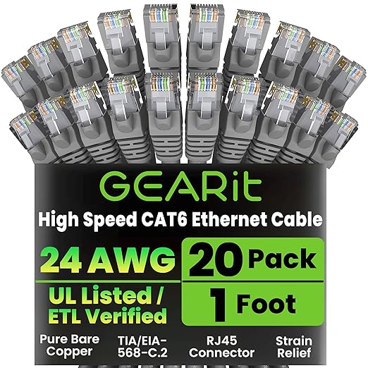 GEARit Cat 6 Ethernet Cable (20-Pack 1 Foot) Cat6 Network Patch, 10Gbps, RJ45, Snagless Cord, Gold-Plated Connectors, Internet for PC, TV, Tablet, Router, Printer, Servers, IT Data Center - Gray