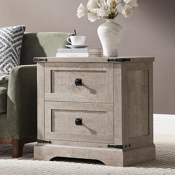 T4TREAM 24" Farmhouse Nightstand with Charging Station, Large End Table with 2 Storage Drawers, Rustic Wood Sofa Bedside Table for Bedroom, Light Rustic Oak