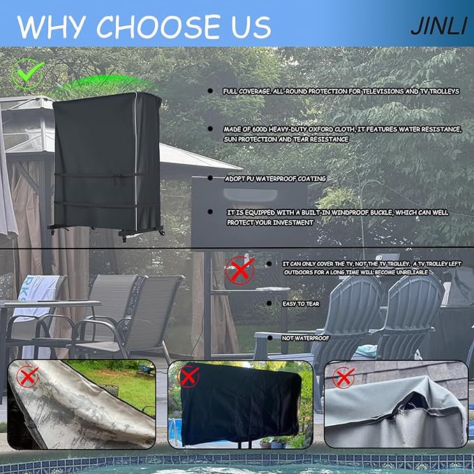 JINLI 70-75 inch outdoor TV trolley cover, courtyard TV cover, Oxford fabric waterproof and dustproof, triple windproof design, compatible with rolling/mobile stand