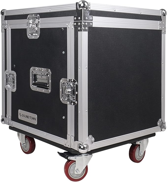 Sound Town High-Quality 1/2” (12mm) Plywood 10U PA DJ Pro Audio Rack/Road ATA Case with 11U Slant Mixer Top, Locking Drawer, 20’’ Rackable Depth and Casters (STMR-10D2)