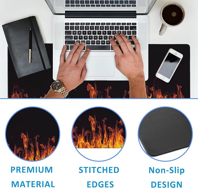 EOBKLAX Fire Flames Large Gaming Mouse Pad,Waterproof Desk Mat for Desktop,Non-Slip Rubber Base Mousepad with Stitched Edges for Laptop Office and Home 35.4X15.7 Inch