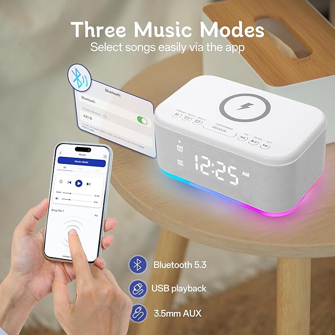 Bluetooth Alarm Clock Radio Bedroom, Digital Dual Alarm Clock Bedroom, Up to 10 Alarms Clock Night Light Speaker App/Button Control FM Charge Snooze Adjustable Brightness Dim 12/24H, White