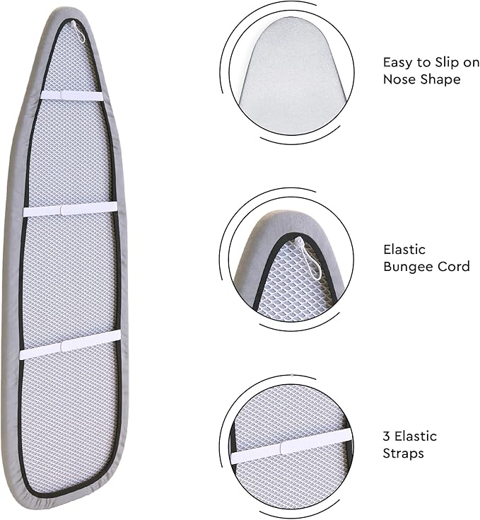 Encasa XO Ironing Board Cover and Pad 54"x18" - 4mm Felt & 2mm Foam Metallized Silver Iron Board Cover with Padding - Heat & Scorch Resistant, Non Slip, Bungee Elasticated, 3 Fasteners Silver Luxury
