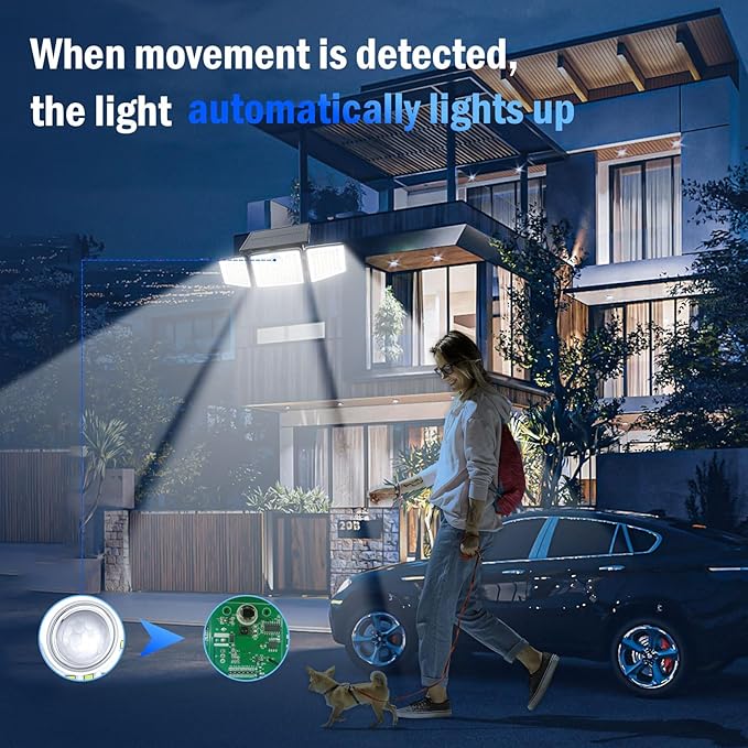 daphino 2500LM Solar Lights Outdoor with Motion Sensor,3 Head 270° Wide Angle Street Area Lights,IP65 Waterproof Security Lighting with 3 Modes(Remote,4 Pcs)