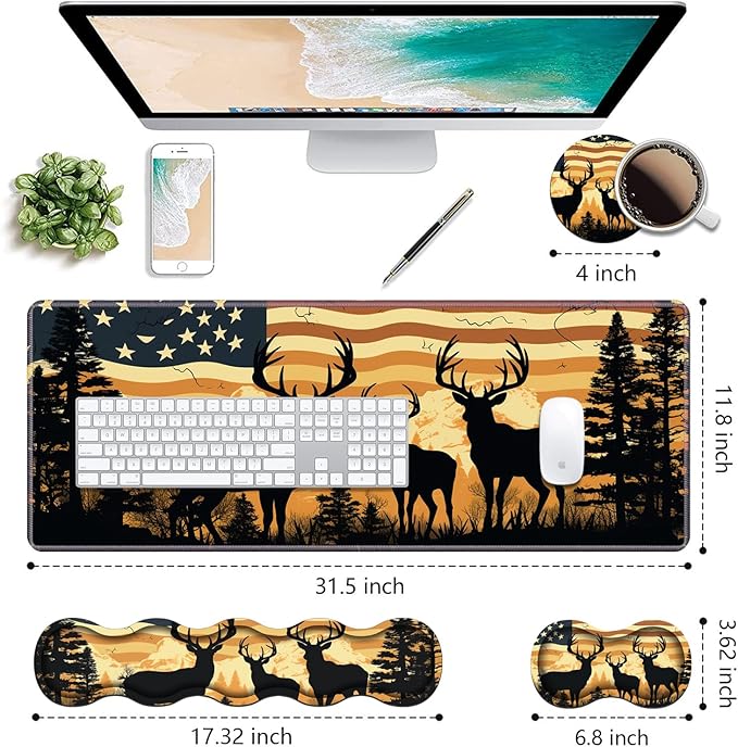 Ergonomic Keyboard Wrist Rest & Mouse Pad Wrist Rest Set, Large XXL Gaming Desk Mat 31.5"x 11.8" with Non-Slip Base, Memory Foam, Easy Typing Pain Relief for Home & Office, American Flag Deer