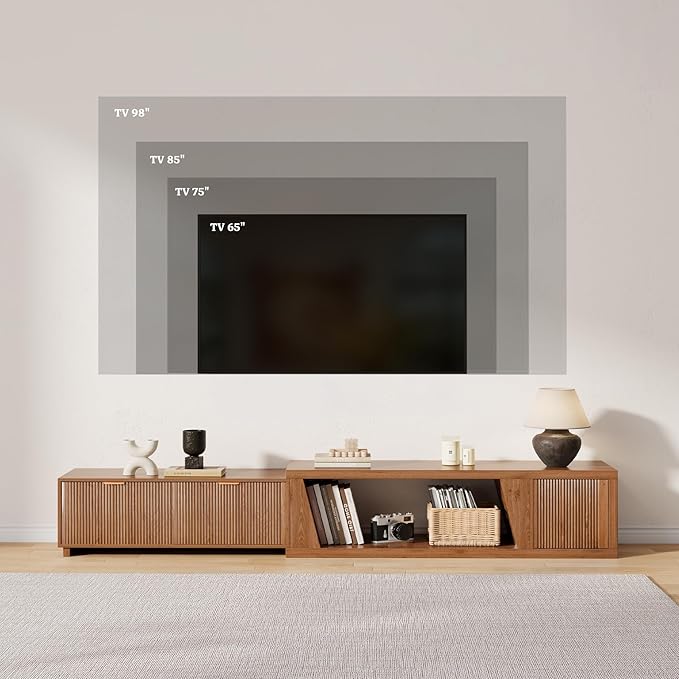 Epecoya Extendable TV Stand with Storage Cabinet Wooden, Mid Century Modern TV Stand with Adjustable Shelf and Drawers, Extra Long TV Stands for Living Room Fluted, Warm Brown Oak (64.57" W-98.43" W)