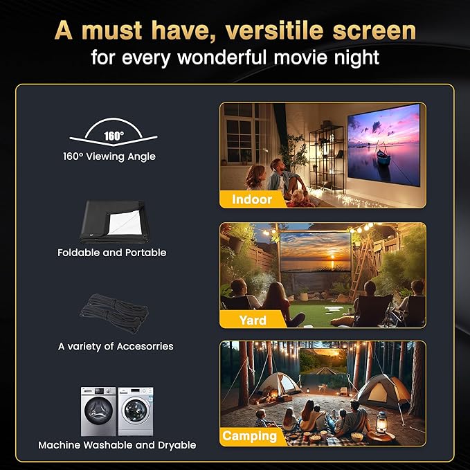 2025 Upgraded Portable Projector Screen - Black Backing,Straight Edges, Foldable, Washable and Wrinkle-Free - for Indoor Home Theater and Outdoor Cinema - 200 inch White 16:9 by IOLIEO