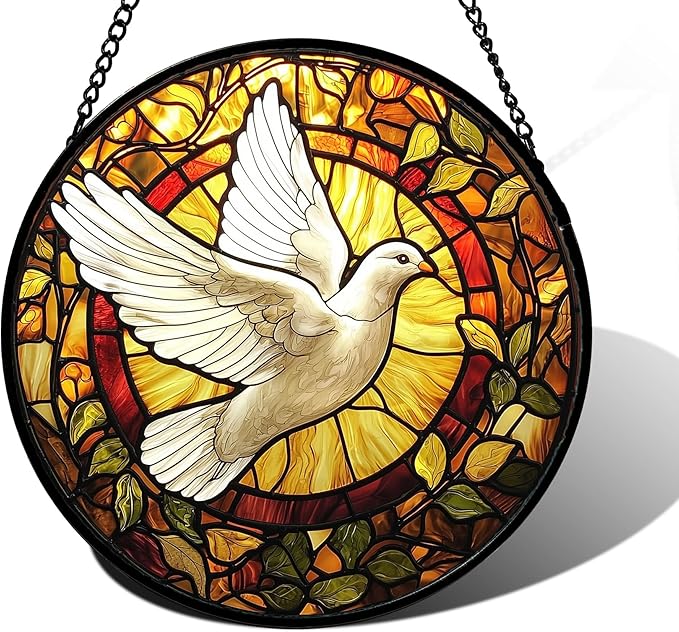 DASTOLL Stained Glass Window Hanging, Flying White Dove Sun Catchers Diamond Glass Panel Hangings Cute Birds Suncatcher Decor for Birthday for Women, Men, Wife, Aunt, and Mom 6.3 in