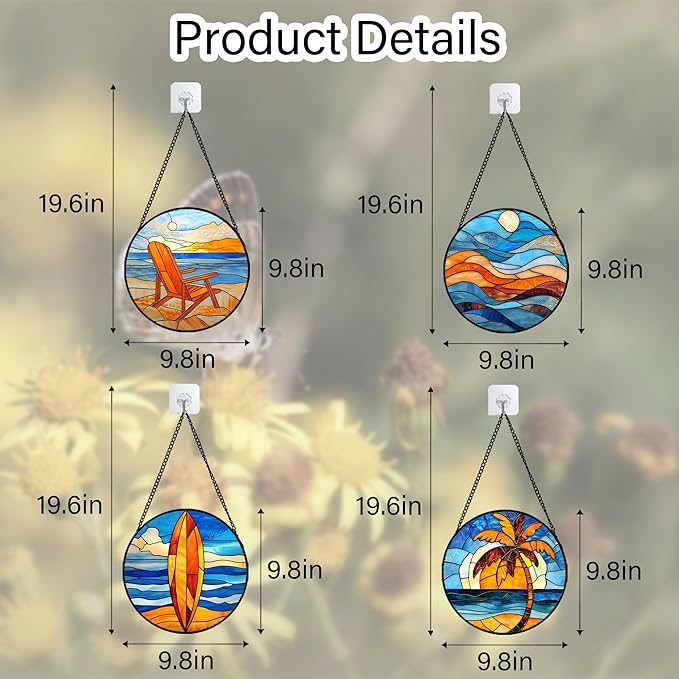DASTOLL Stained Glass Window Hanging 4 Pcs Set Blue Orange Ocean Beach Theme 9.8" - Suncatcher Door Garden Sun Catcher Decor Birthday Christmas for Mom Woman Nana Men Wife