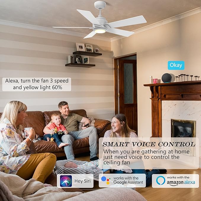 SMAAIR Smart Wifi LED Ceiling Fan, 52inch Plywood Indoor/Outdoor smart ceiling fan with Remote, App control with Timer and Schedule, Compatible with Alexa/Google Assistant/Siri Shortcuts (White)