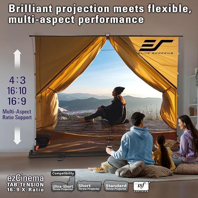 Elite Screens ezCinema Tab-Tension 16:9 X-Ratio Portable Projector Screen, Multi-Aspect Ratio, Manual Floor Rising Pull-Up Scissor-Lift Design + Carry Bag, Home Office Classroom- FT104XWH2-114V107X
