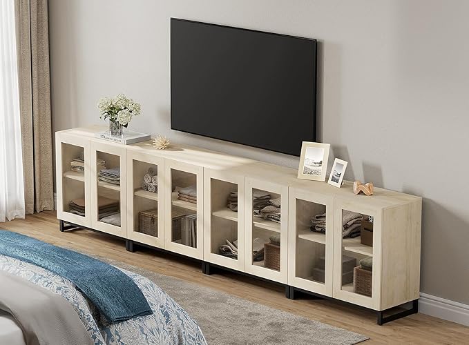 WAMPAT Modern TV Stand with Glass Doors for 120 inch TVs, 4 in 1 Entertainment Center Console with Adjustable Shelves and Metal Base for Living Room, Bedroom, Light Oak