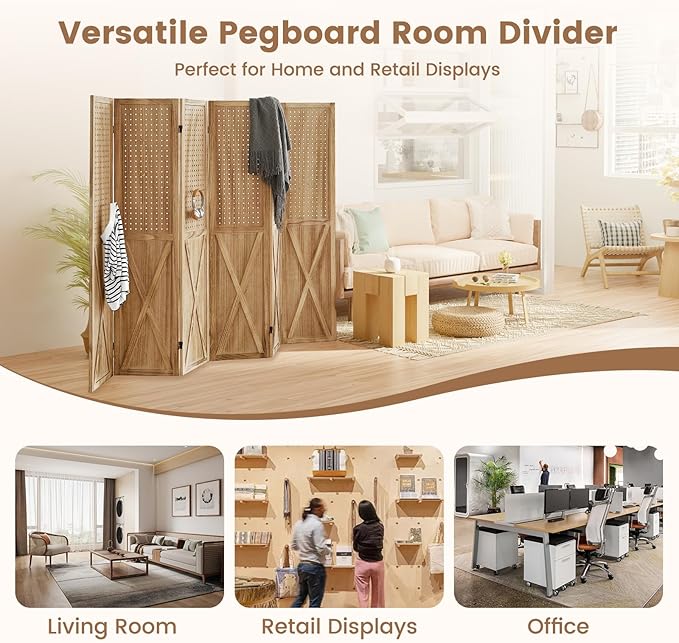 ALeesing 6 Panel Pegboard Room Divider, 5.6Ft Pegboard Display Folding Privacy Screens, Wood Room Divider Peg Board Display Freestanding for Trade Show Craft Show Home Wall Organizer, Light Brown