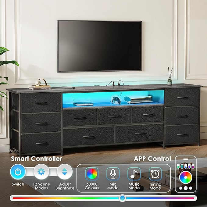 Huuger 70 Inch TV Stand for 75, 80 Inch TV, 11 Drawer Long Dresser with Power Outlets and LED Lights, Entertainment Center with Storage, Grey Dresser with PU Leather Surface, 1TS011H