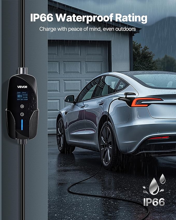 VEVOR Level 2 Tesla Charger, 32 Amp Adjustable Current, 240V Portable Home Electric Car EV Charger with 25 ft Charging Cable, NEMA 14-50P Plug, LCD Display, NACS Connector, for Tesla Model Y/X/3/S