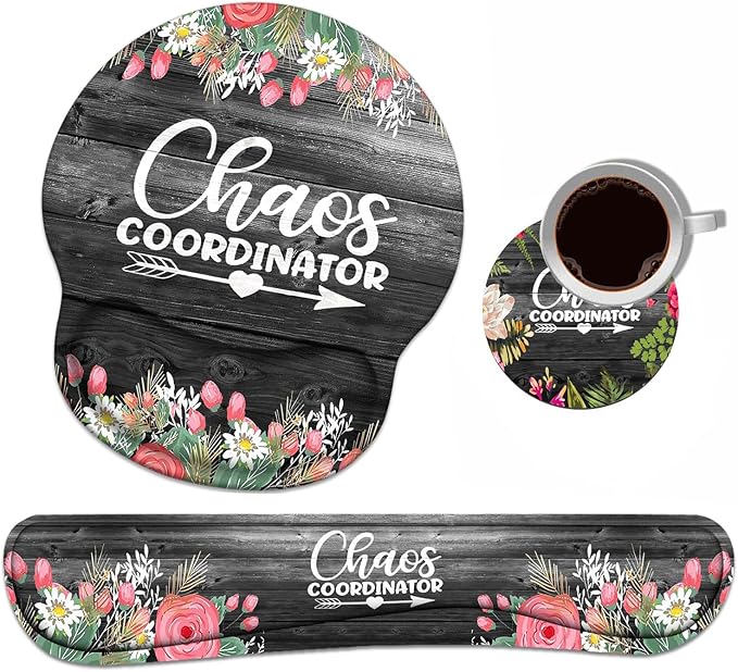 Keyboard Wrist Rest + Mouse Pad Wrist Support Set with Coasters, Chaos Coordinator Quotes Colored Floral Wreath Print Wrist Mouse Pad with Non-Slip PU Base for Home Office Working Studying
